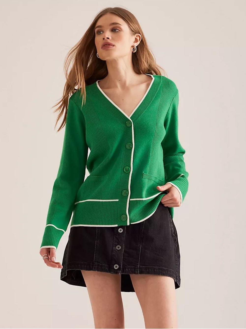 Maeve Anthropologie Green Ribbed V-Neck Cardigan NWT Medium Preppy Contrast Trim